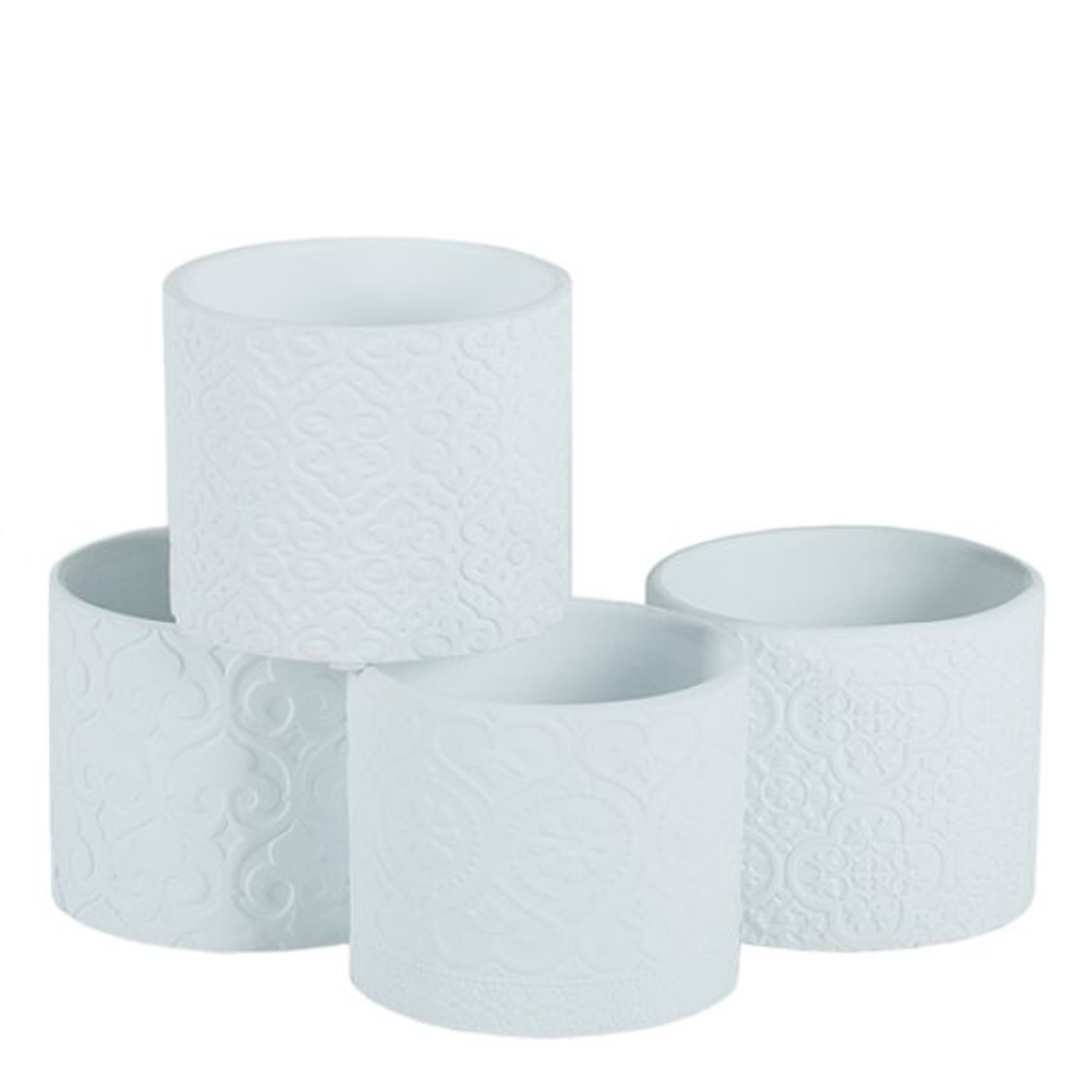 3.5’’ WHITE CEMENT EMBOSSED CYLINDER  (price per each, box has assortment)
