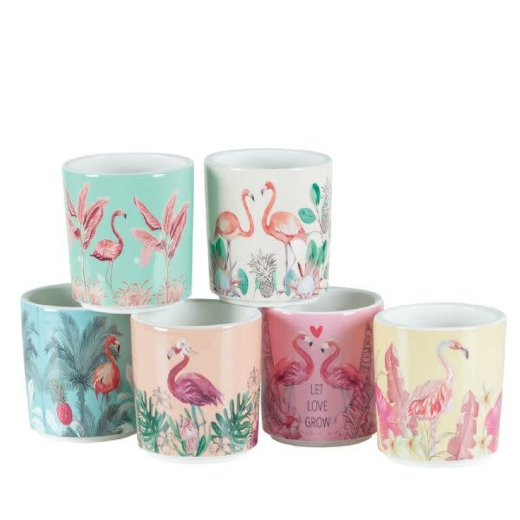 50% OFF WAS $4. NOW $1.99. 3" X 3" ASSORTED ROUND FLAMINGO POTTERY  (PRICE PER EACH, BOX HAS ASSORTMENT)