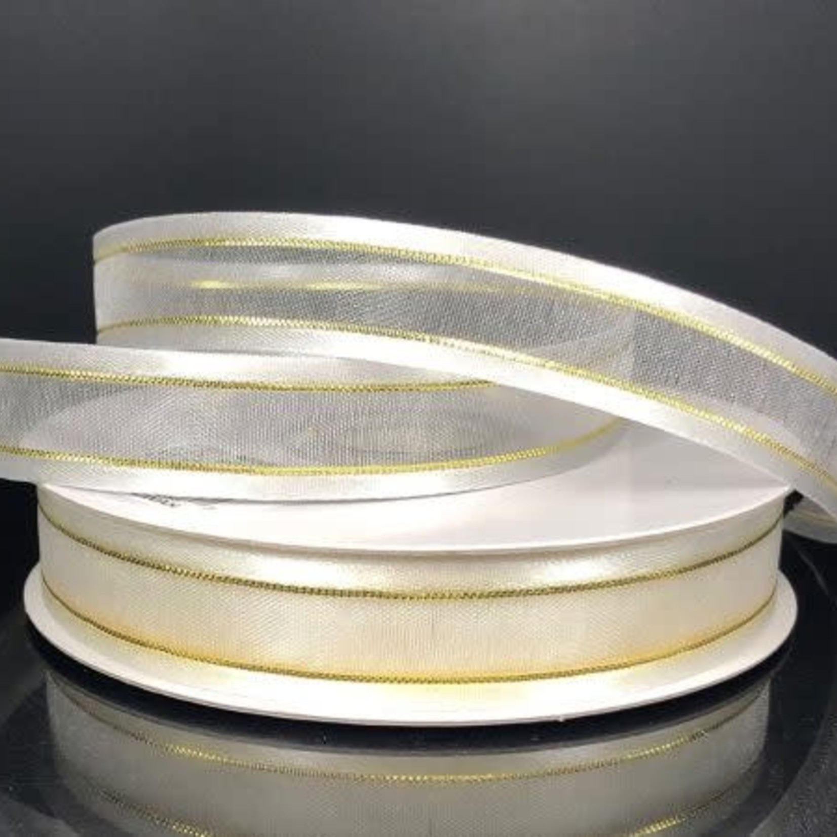 SHEER CHIFFON RIBBON SATIN EDGE 5/8"" x 25 YD WHITE/GOLD EDGE, discontinued