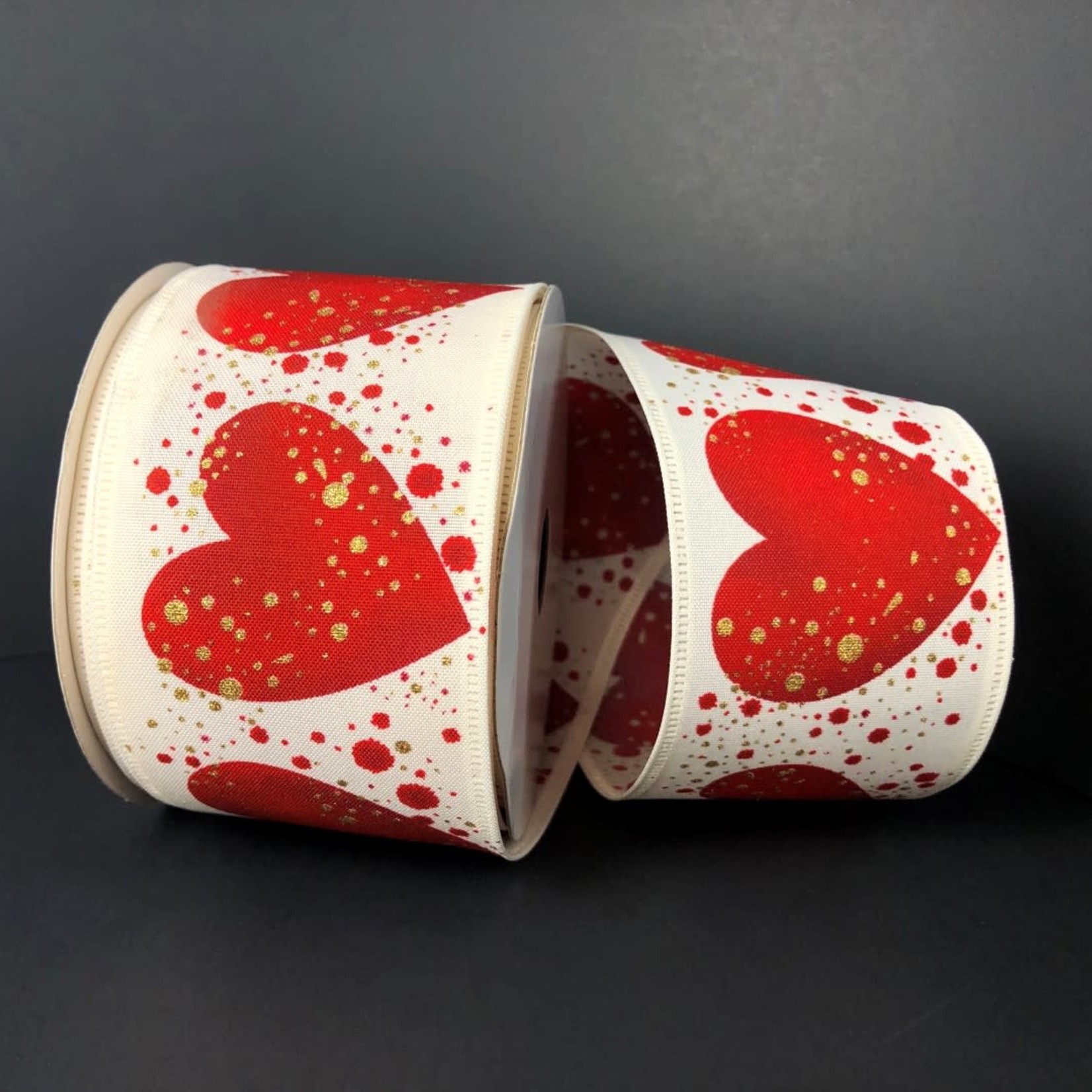 2.5'' X  10 YDS HEARTS, GOLD SPLATTER RIBBON