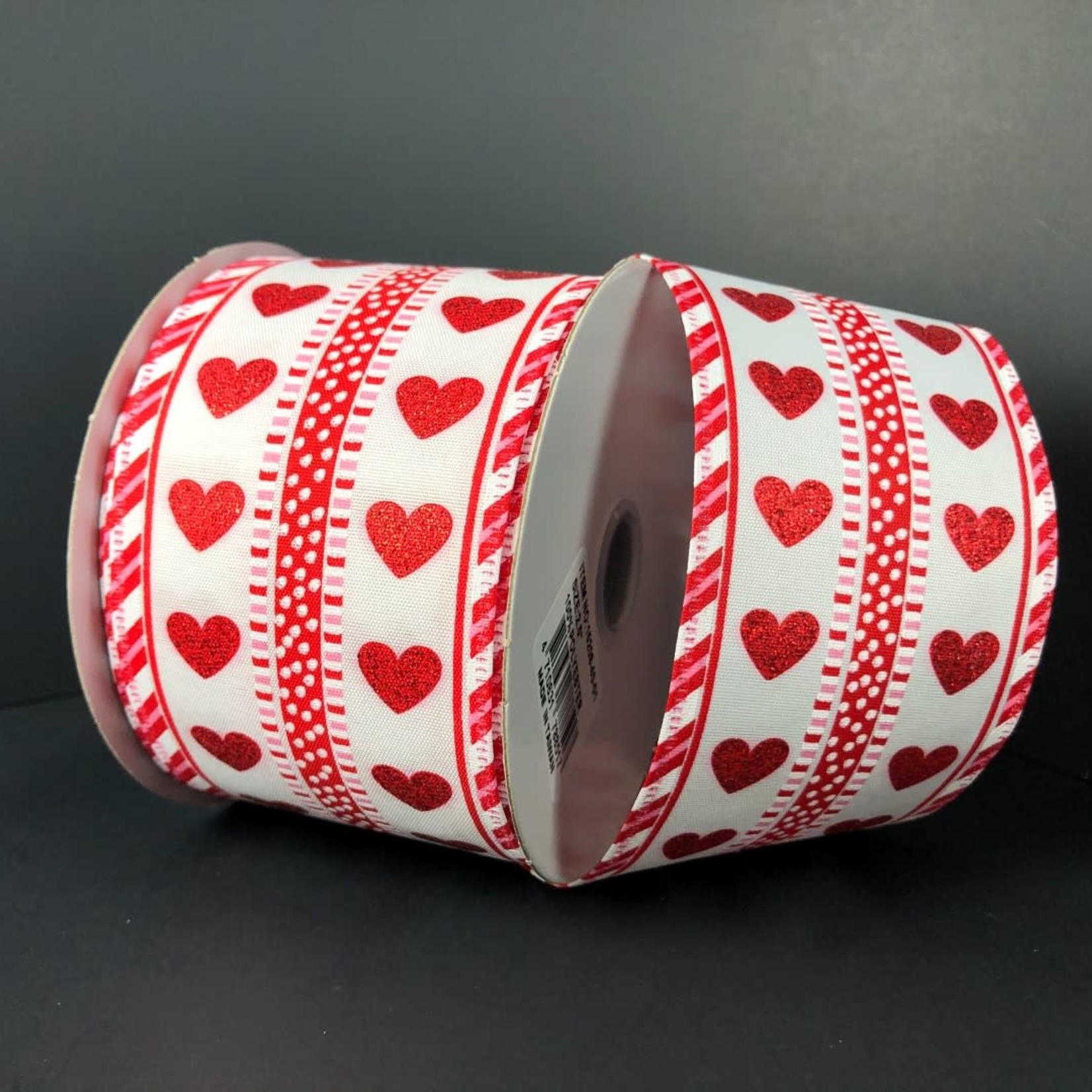 WHITE/RED GLITTER HEARTS RIBBON 2.5'' X 10 YDS