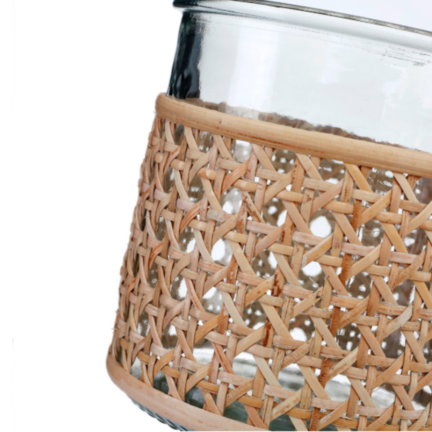 5” X 5” BOHO GLASS CYLINDER WICKER CANE VASE