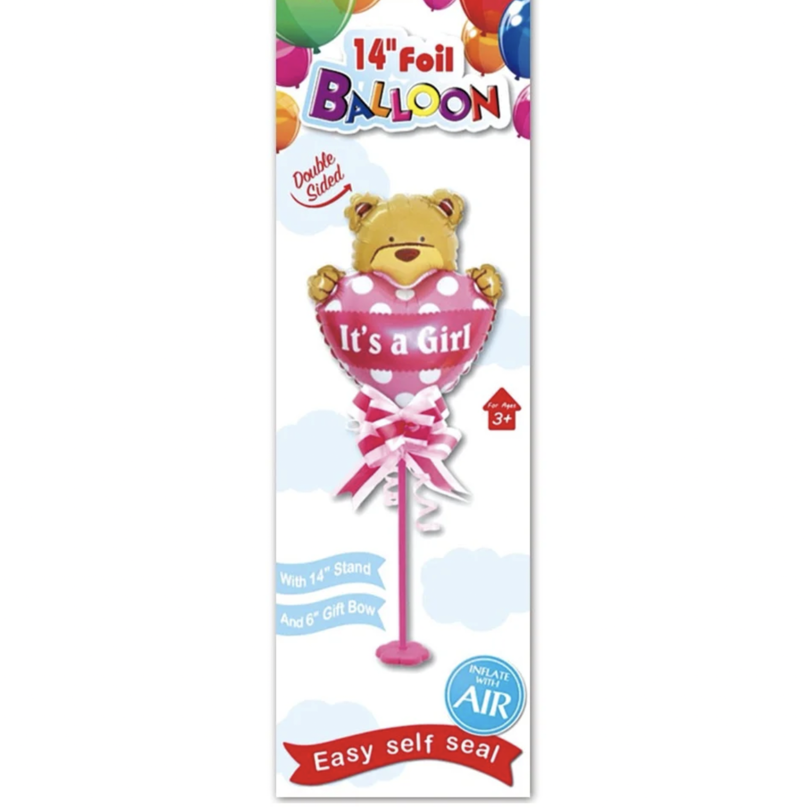 14'' FOIL BALLOON, BEAR, "ITS A GIRL" ON STAND