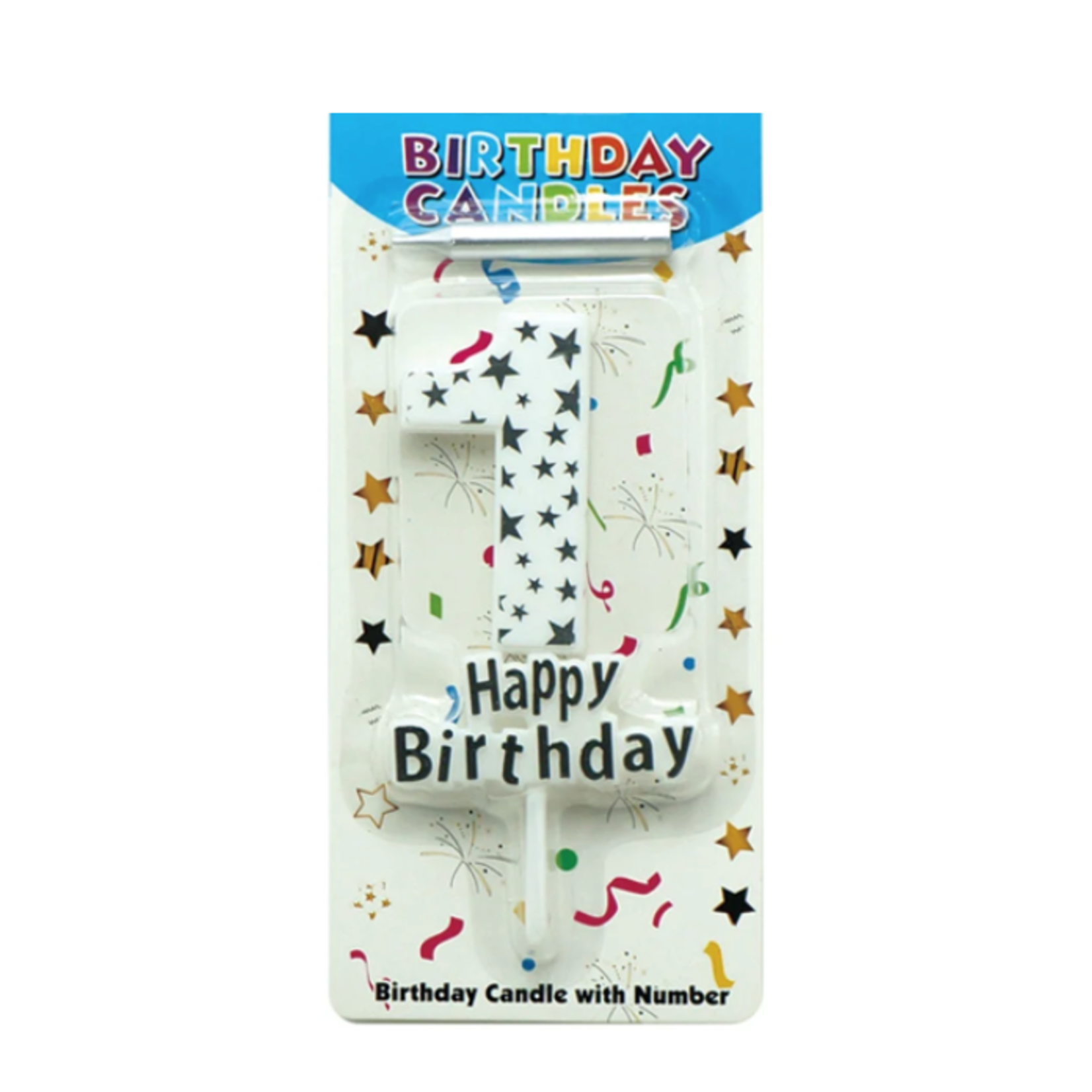 5;; HAPPY BIRTHDAY CANDLE #1N WHITE W SILVER STARS