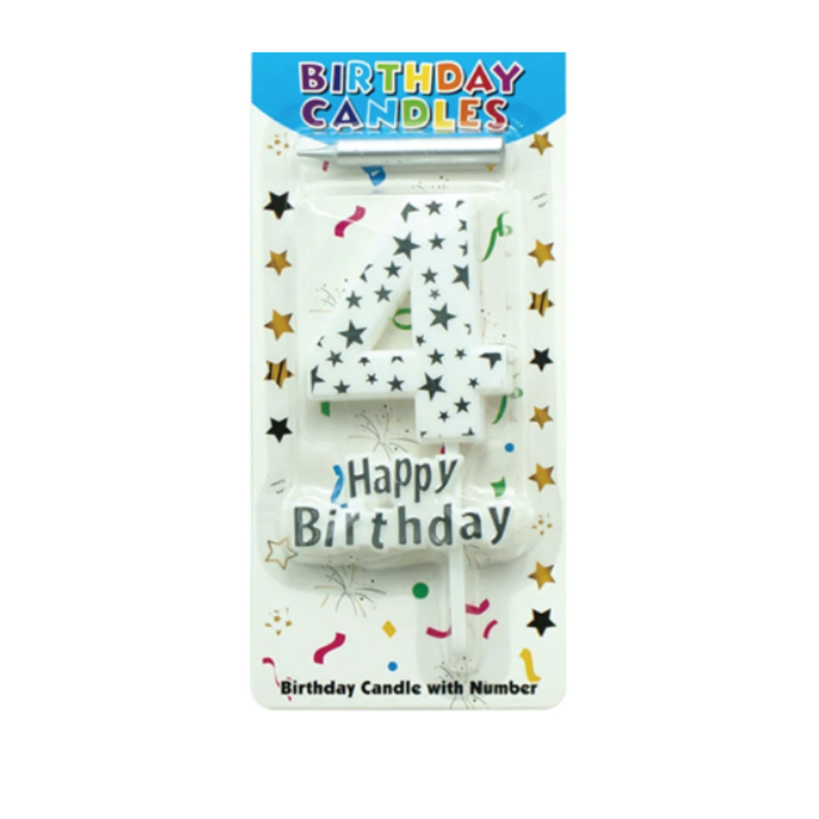 5'' BIRTHDAY CANDLE #4, WHITE W SILVER STARS