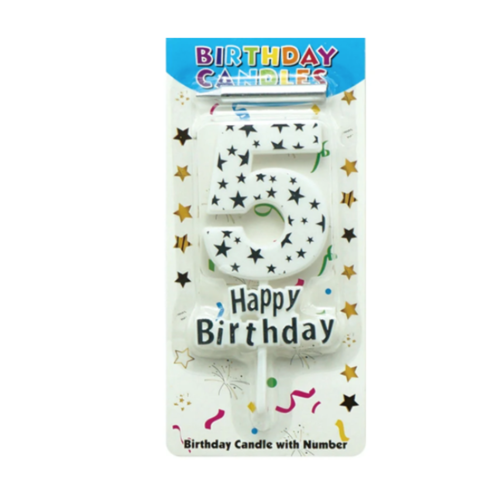 5'' BIRTHDAY CANDLE #5, WHITE W SILVER STARS