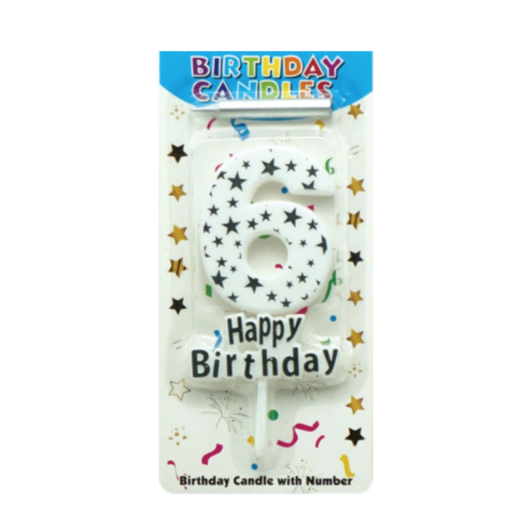 5'' BIRTHDAY CANDLE #6 WHITE WITH SILVER STARS