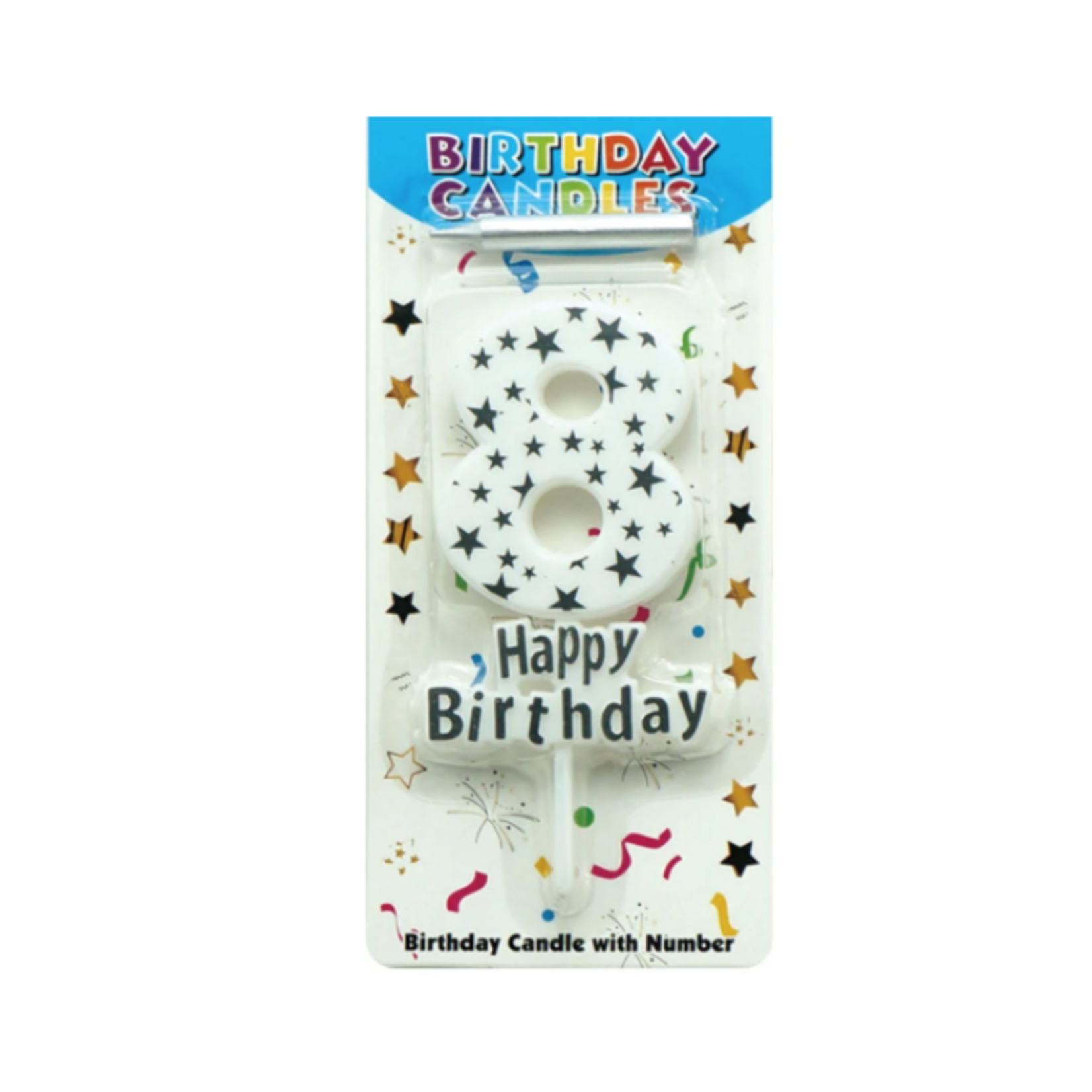 5'' BIRTHDAY CANDLE #8 WHITE W SILVER STARS