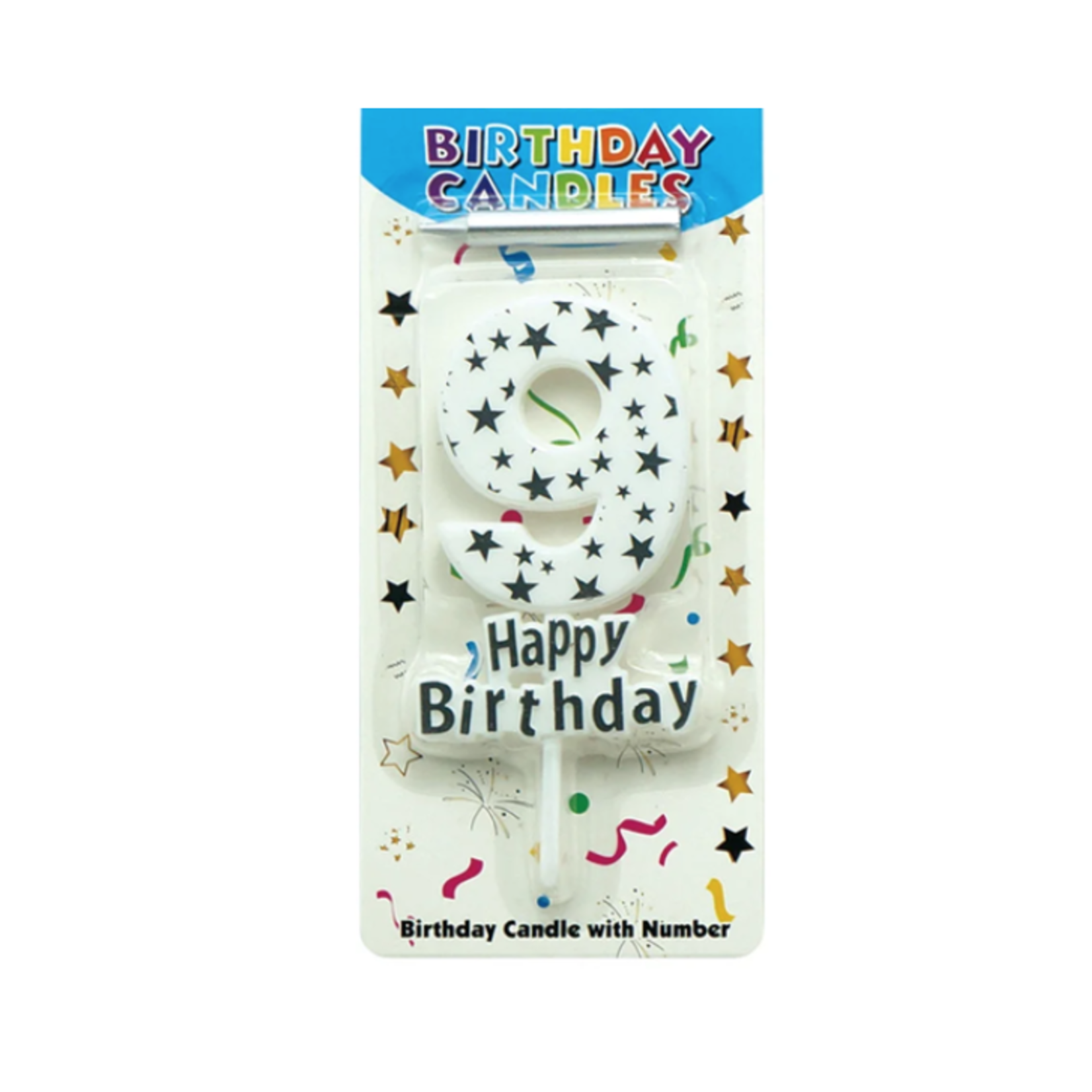 5'' BIRTHDAY CANDLE #9 WHITE W SILVER STARS
