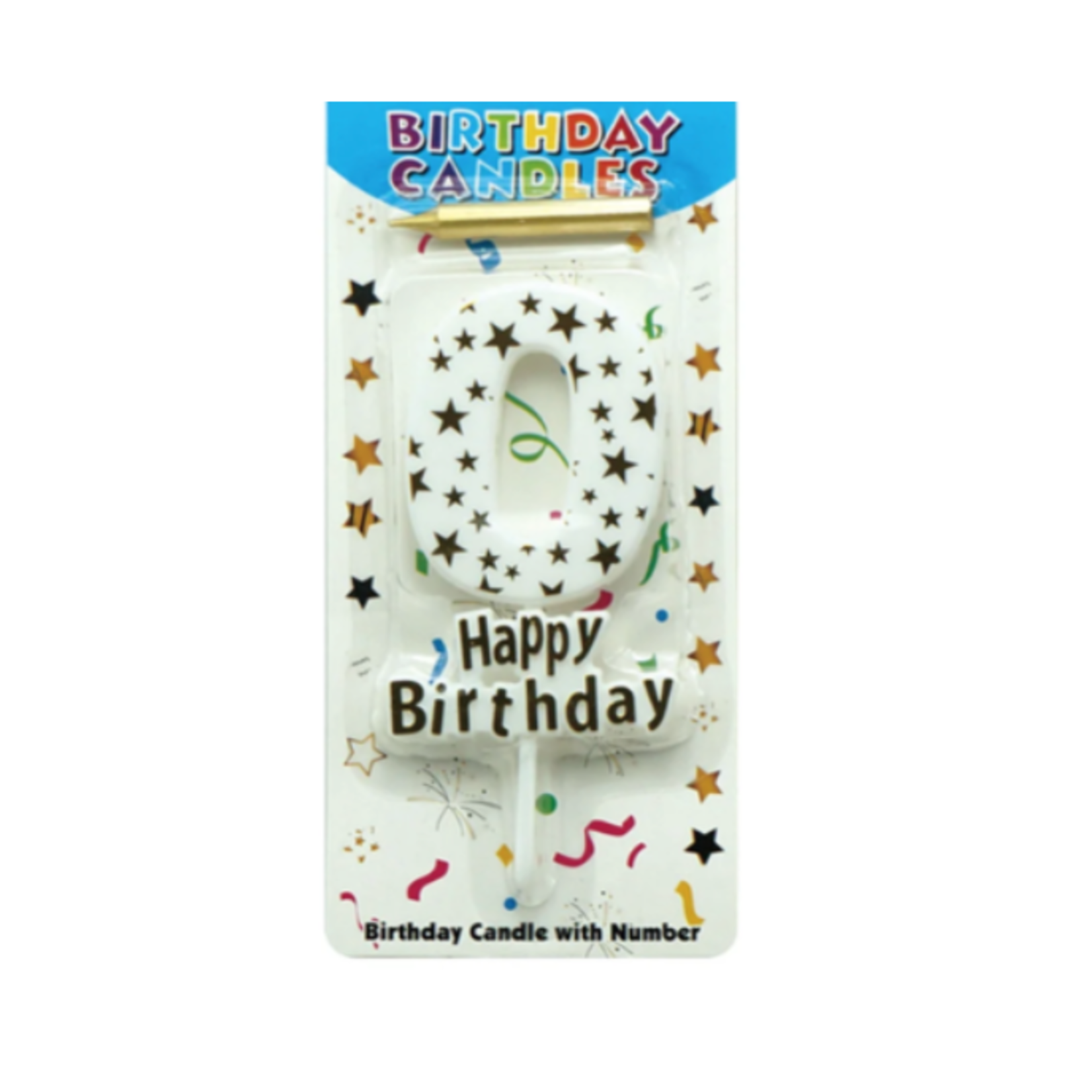 HAPPY BIRTHDAY CANDLE #0 WHITE WITH GOLD STARS