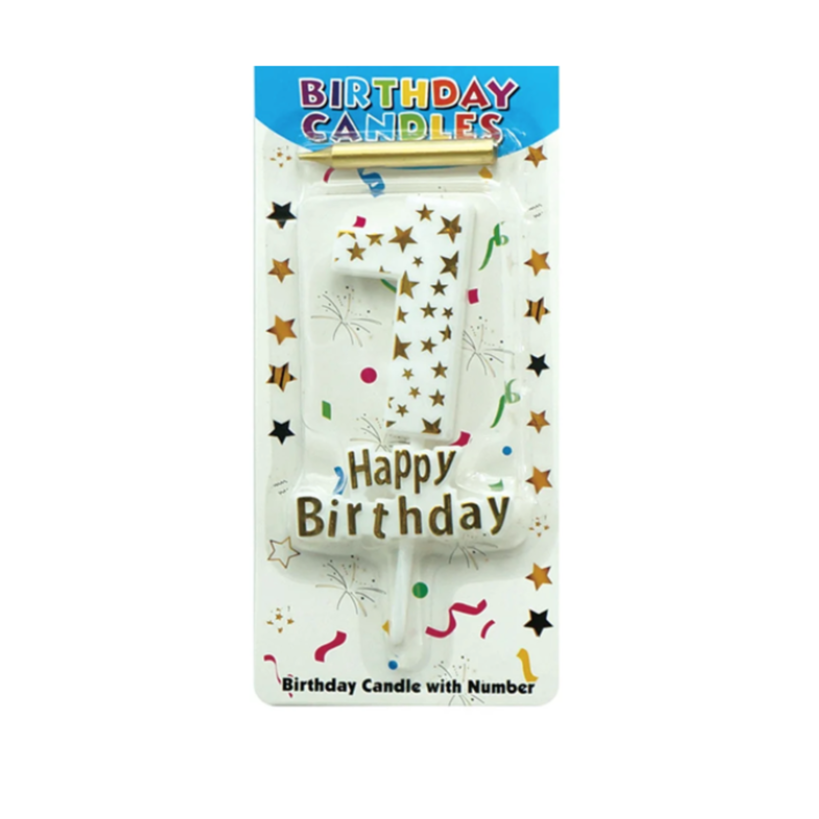 HAPPY BIRTHDAY CANDLE #1 WHITE WITH GOLD STARS