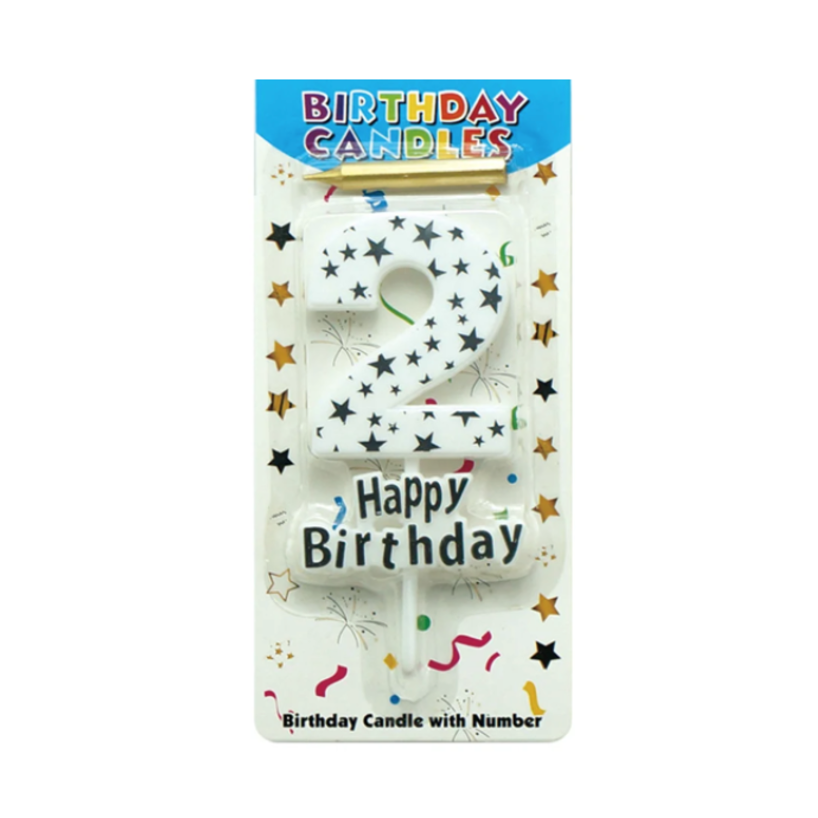 HAPPY BIRTHDAY CANDLE #2 WHITE WITH GOLD STARS