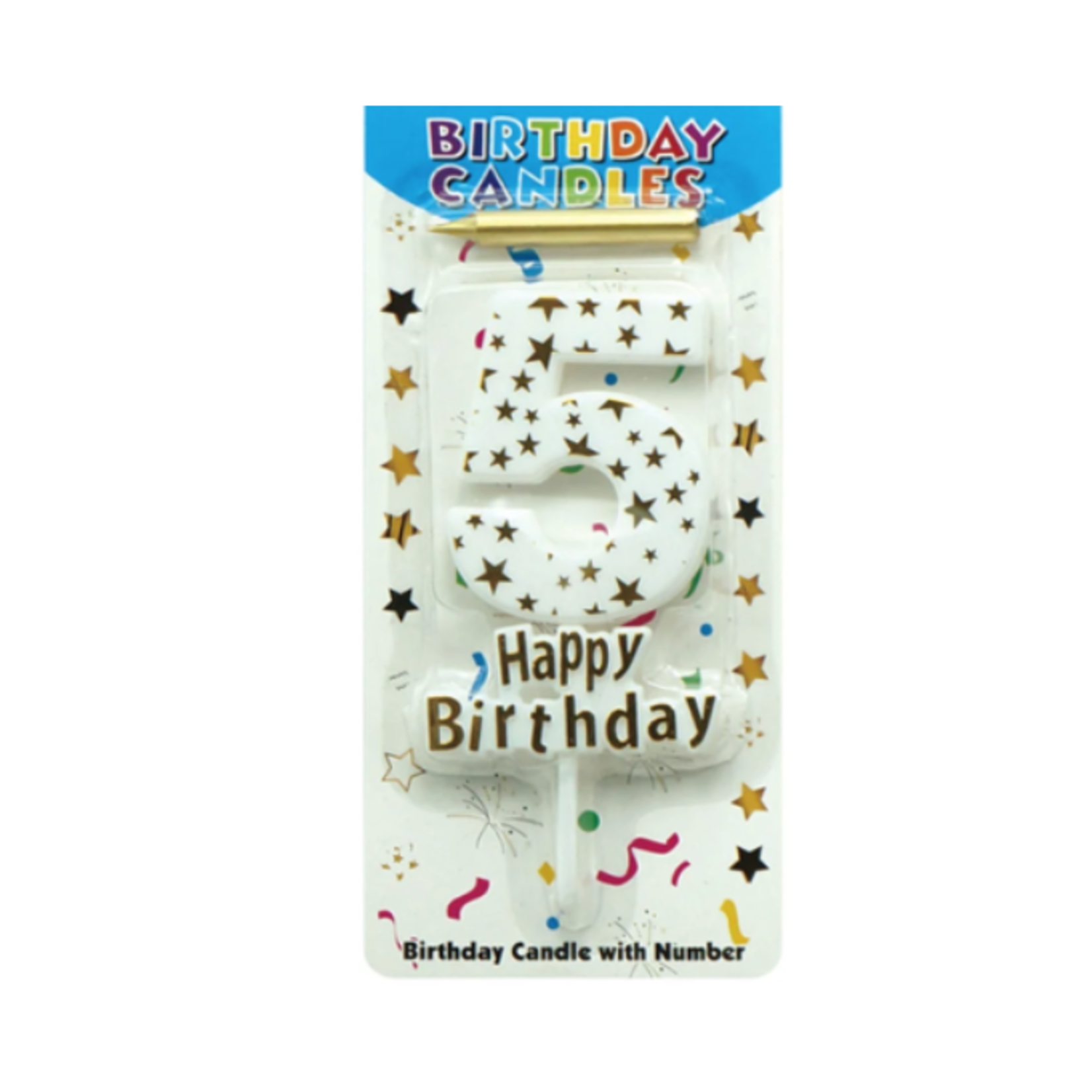 HAPPY BIRTHDAY CANDLE #5 WHITE WITH GOLD STARS