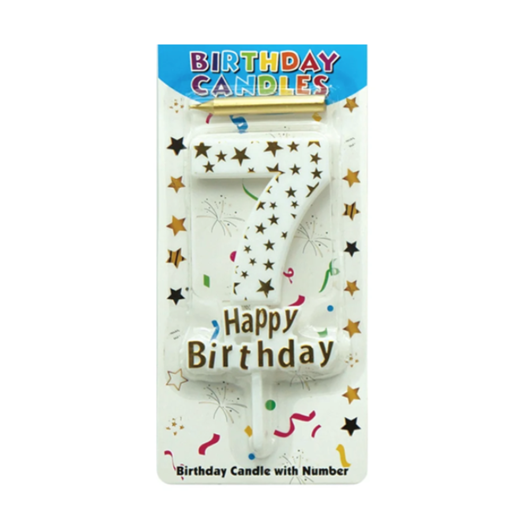 HAPPY BIRTHDAY CANDLE #7 WHITE WITH GOLD STARS