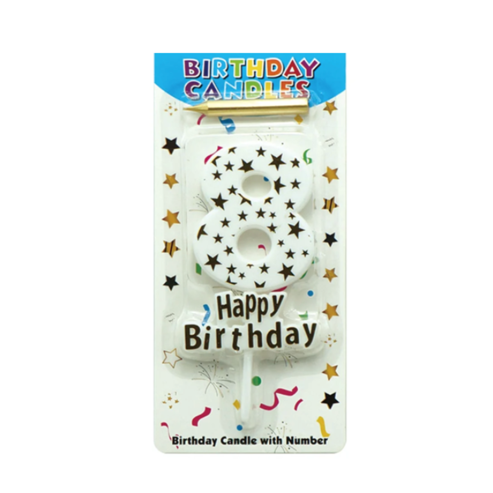 HAPPY BIRTHDAY CANDLE #8 WHITE WITH GOLD STARS