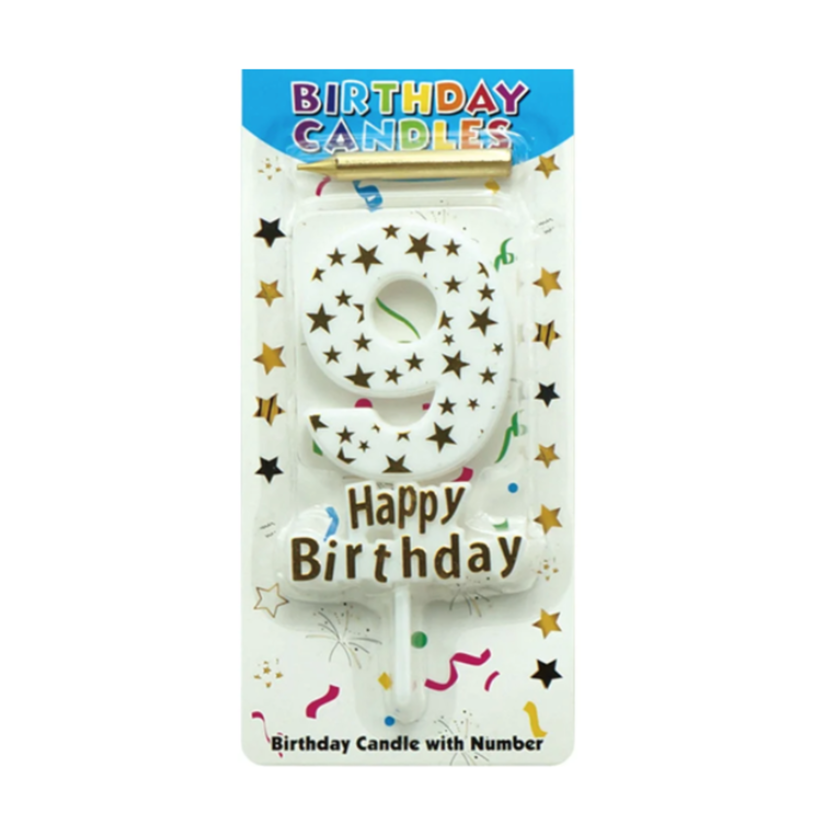 HAPPY BIRTHDAY CANDLE #9 WHITE WITH GOLD STARS