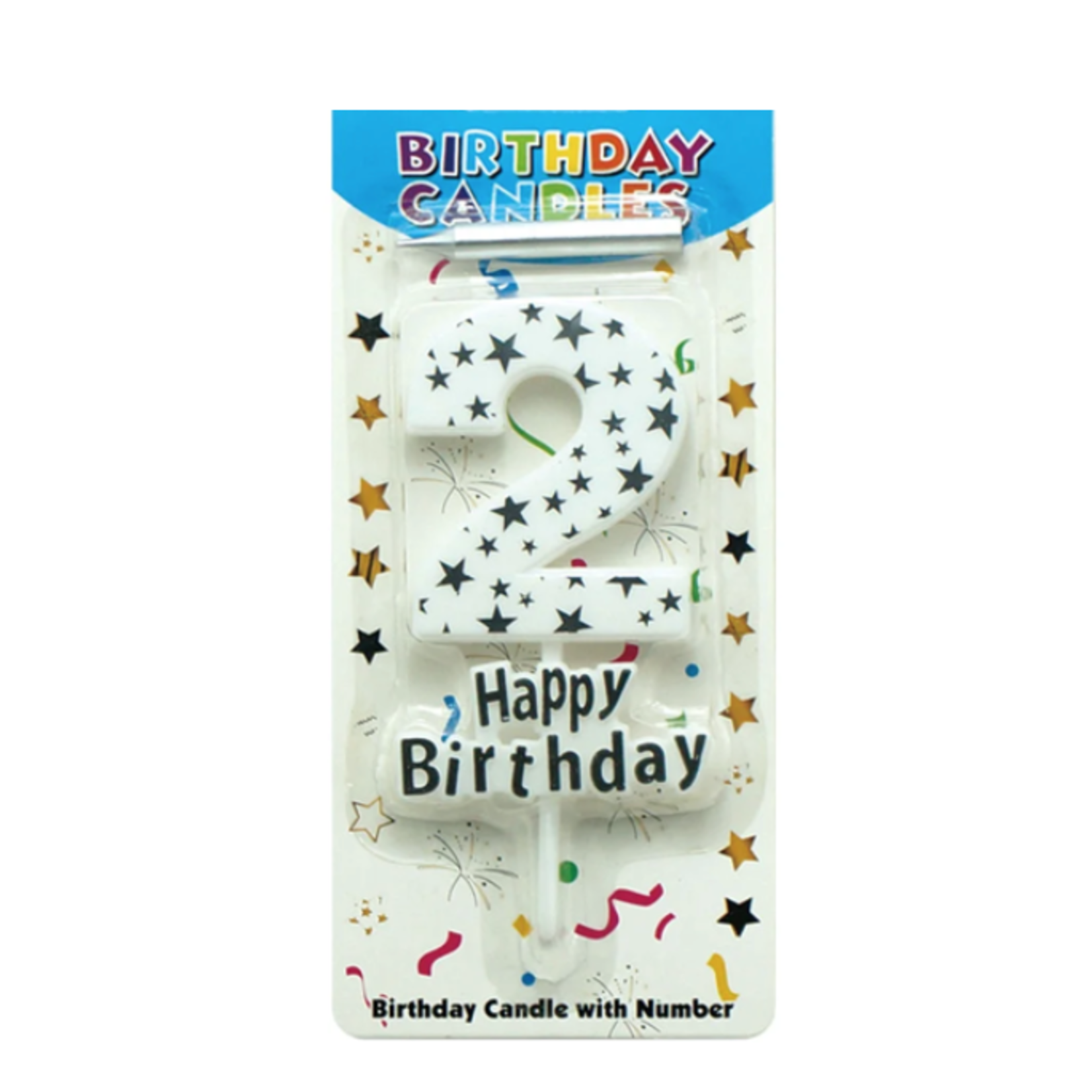BIRTHDAY CANDLE #2 WHITE WITH SILVER STARS