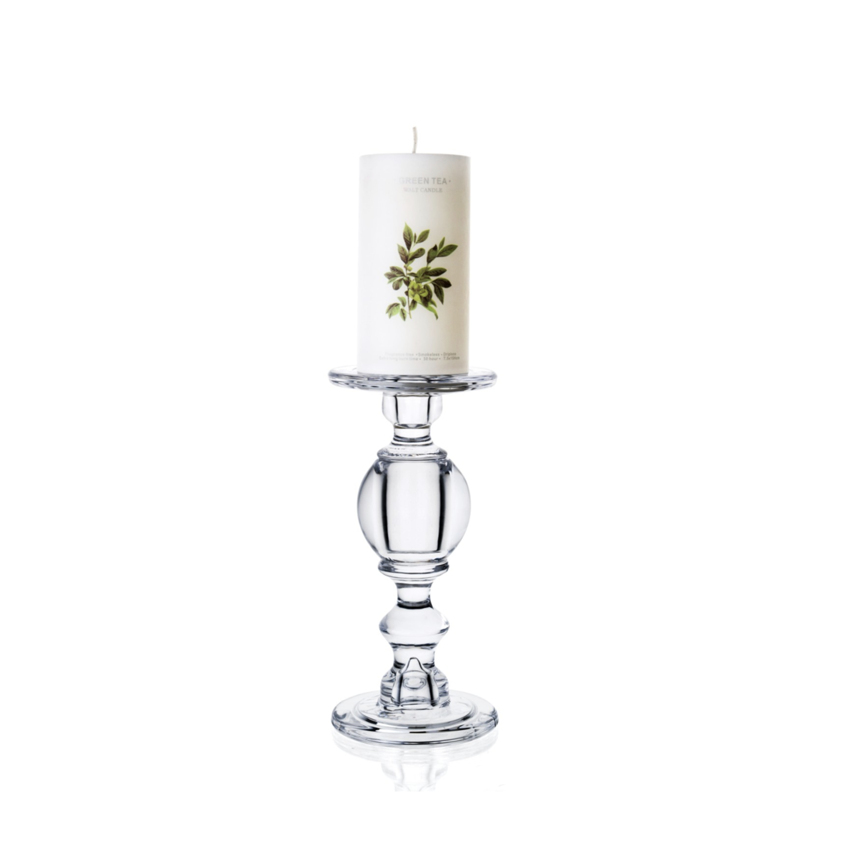 9.5”h x 4.5” GLASS PILLER AND TAPER CANDLE HOLDER