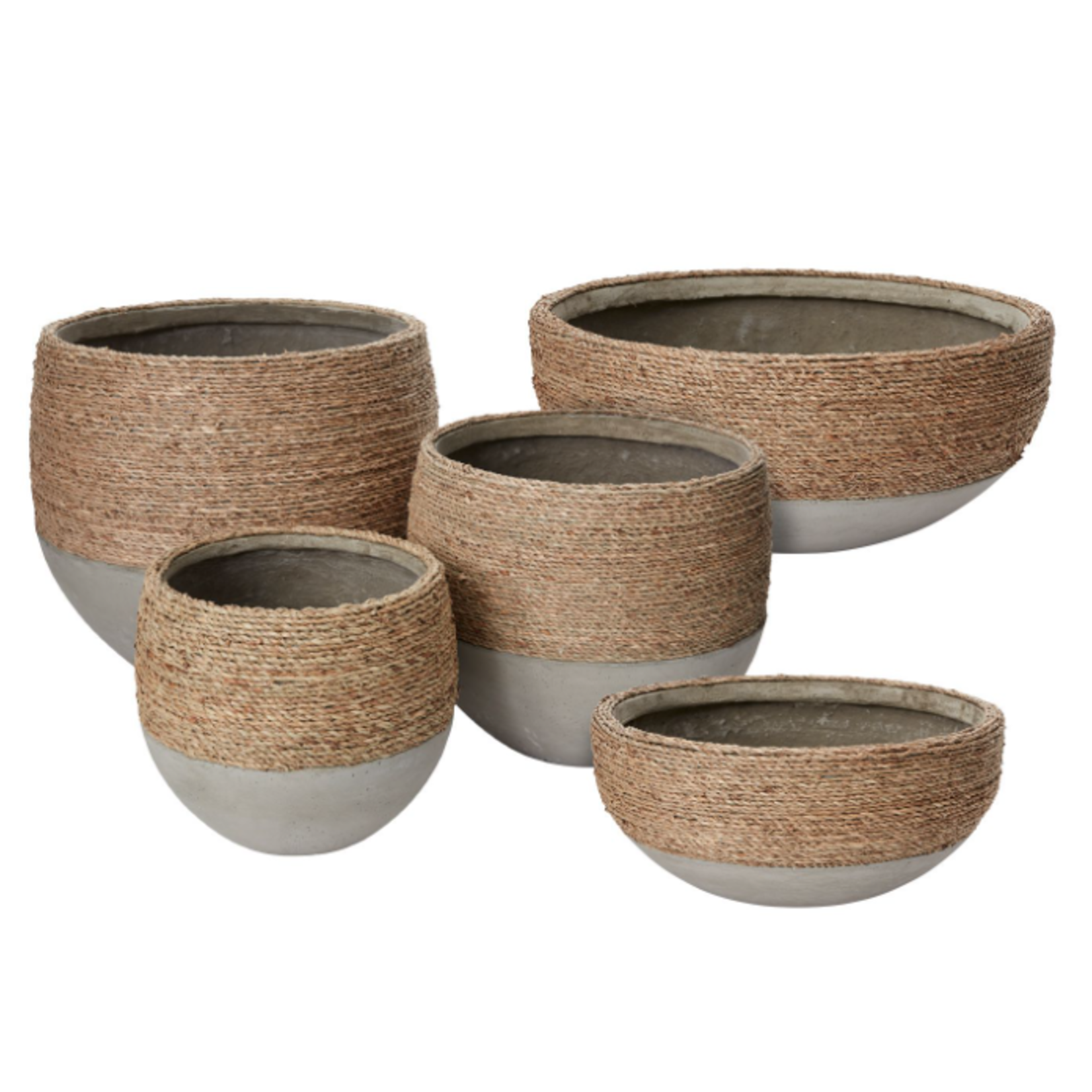 11.5”h x 12” CONCRETE REED POT WITH NATURAL ROPE