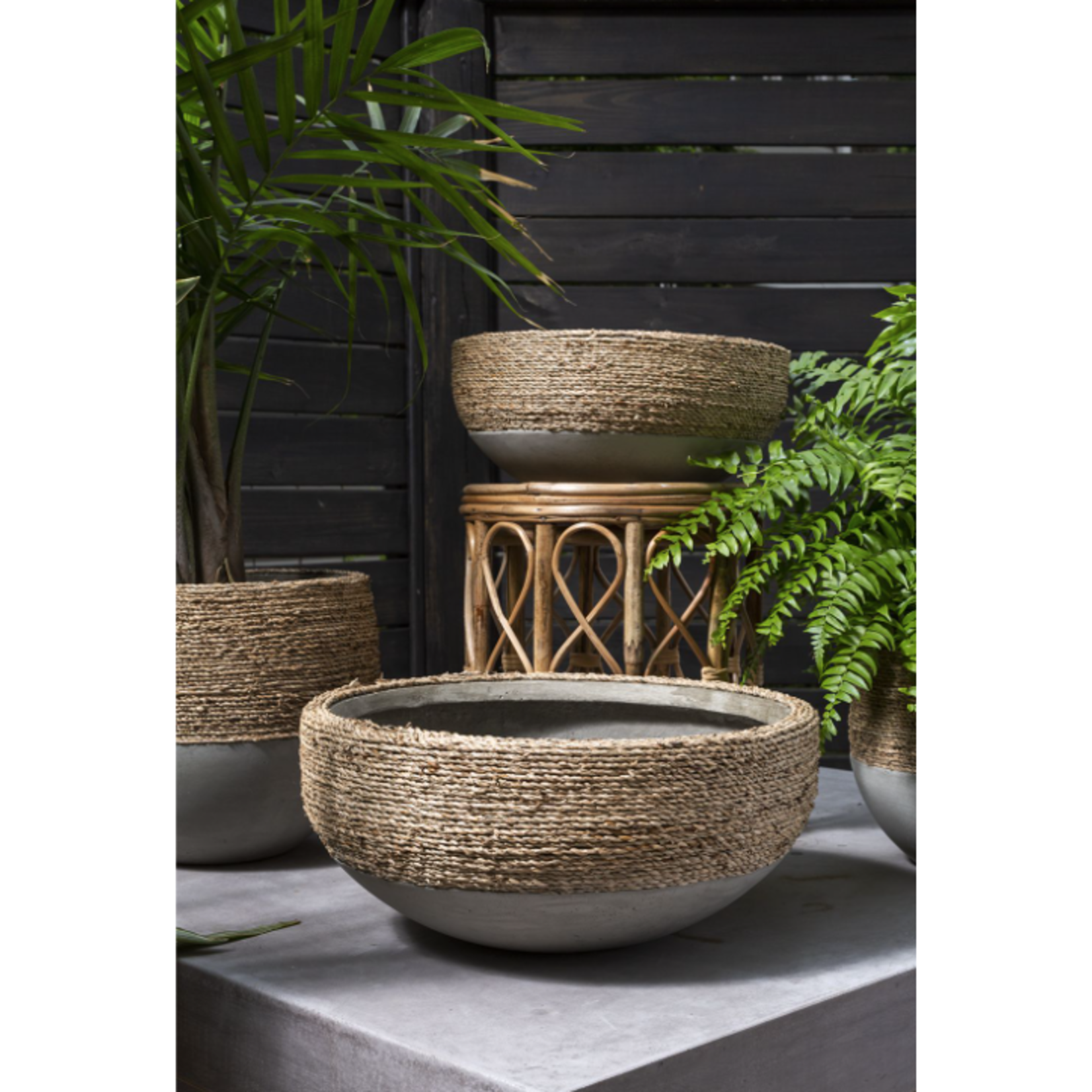 8”h x 17” CONCRETE REED BOWL WITH NATURAL ROPE