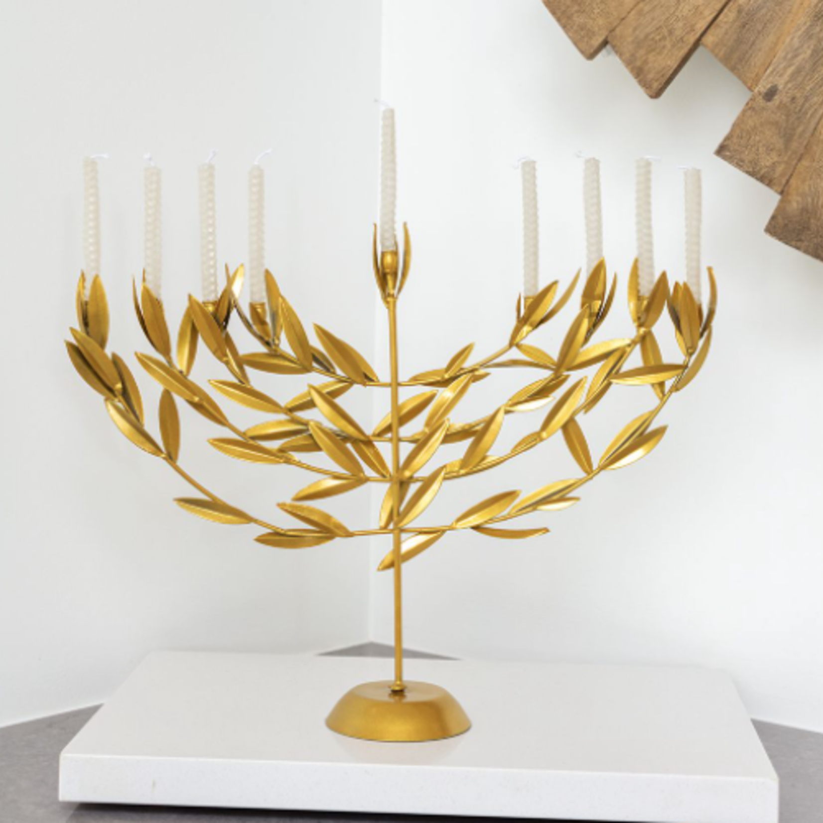 13.375”h x 17.75” x 4” GOLD METAL URIAH MENORAH 50% off was $25 now $12.50