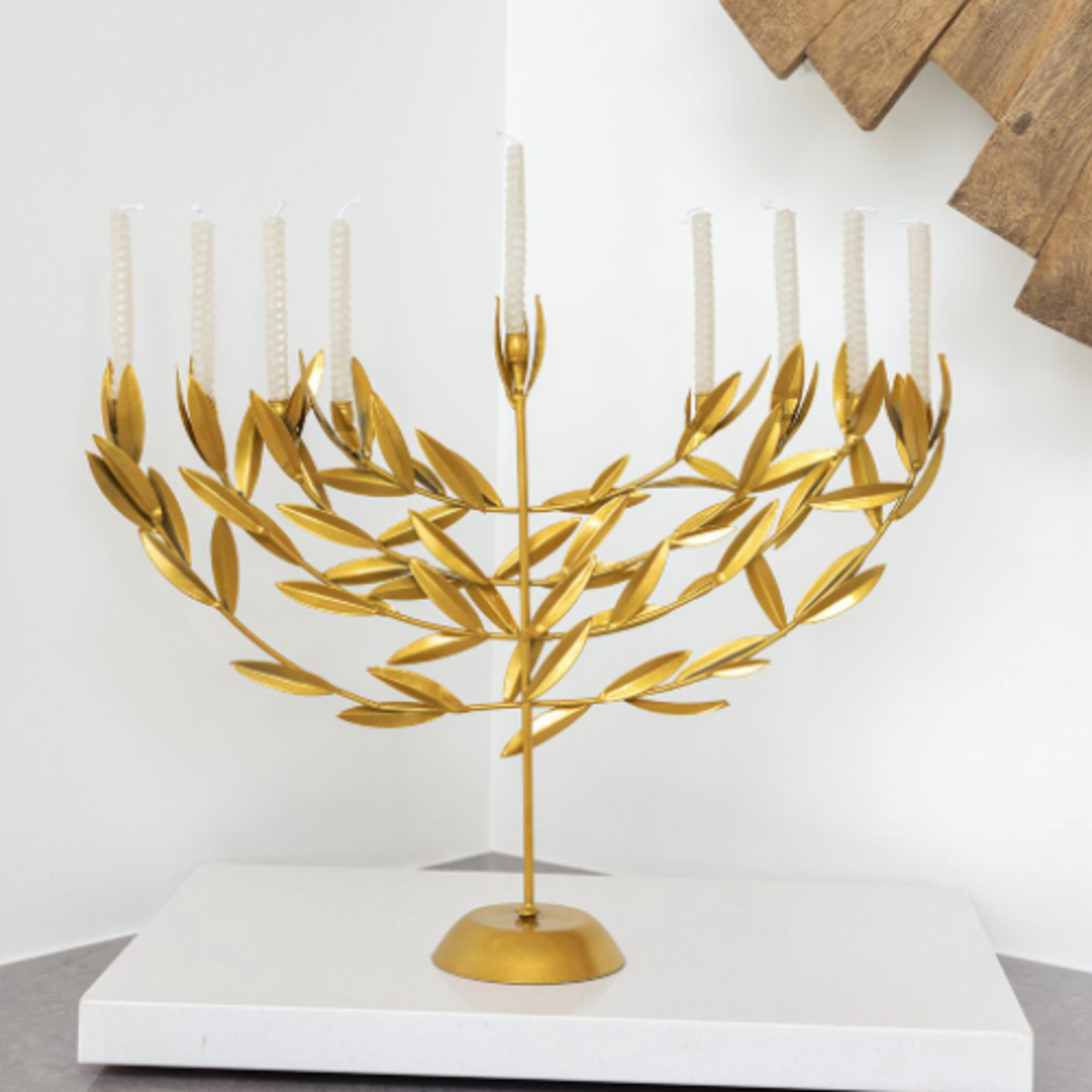 13.375”h x 17.75” x 4” GOLD METAL URIAH MENORAH