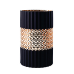 8”H X 4.5” BLACK WITH GOLD STUDDED AND RIBBED GLASS VASE