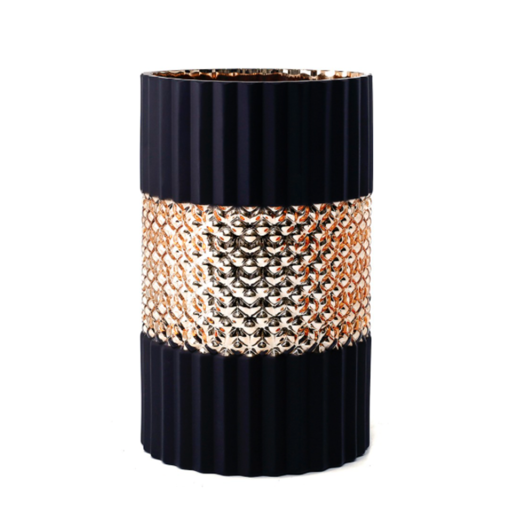 8”H X 4.5” BLACK WITH GOLD STUDDED AND RIBBED GLASS VASE