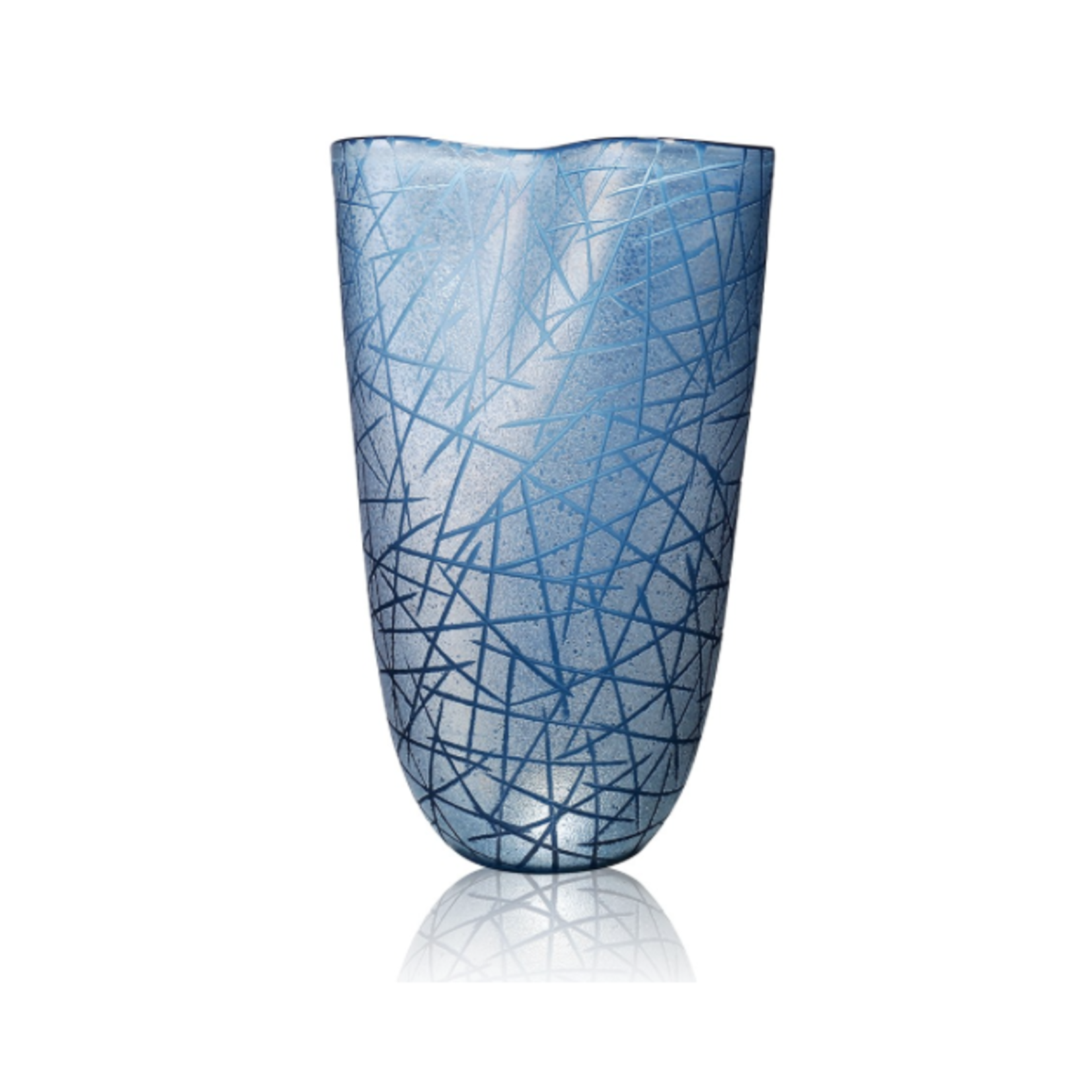 40% off was $70 now $41.99. 14.25”H X 10.25” BLUE GLASS CRISS CROSS VASE