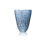40% off was $56 now $33.59. 11”H X 9” BLUE GLASS CRISS CROSS VASE