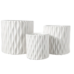 5.5” X 5.5” MEDIUM WHITE CERAMIC CYLINDER WITH WAVE DESIGN PATTERN (sold by the piece, box has assorted sizes)