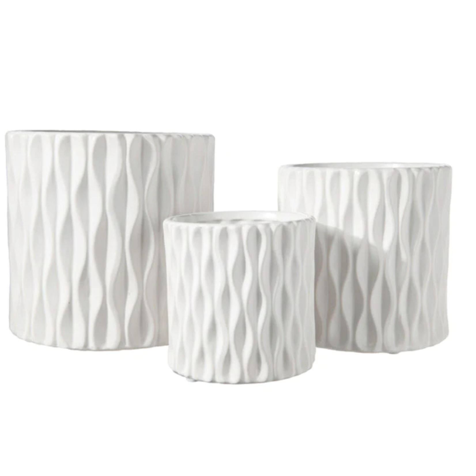 5.5” X 5.5” MEDIUM WHITE CERAMIC CYLINDER WITH WAVE DESIGN PATTERN (sold by the piece, box has assorted sizes)