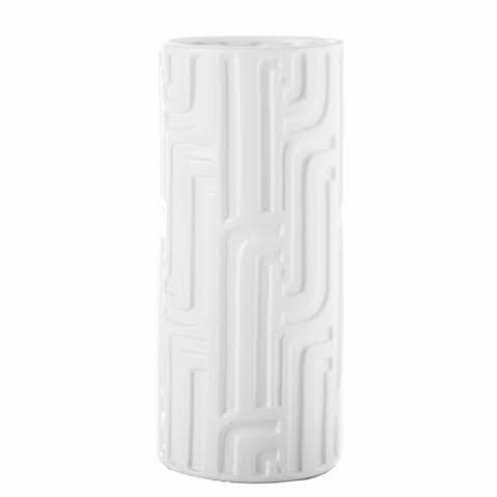 50% off was $25 now $12.49. 11.25”H X 4.75” WHITE CERAMIC ABSTRACT PATTERN CYLINDER