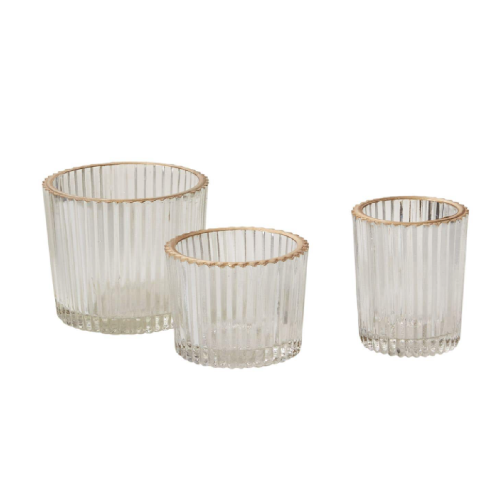 2.75”H X 2.25” CLEAR GLASS FLUTED RITZY VOTIVE WITH GOLD LIP