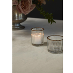2.75”H X 2.25” CLEAR GLASS FLUTED RITZY VOTIVE WITH GOLD LIP