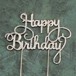 ‘’HAPPY BIRTHDAY’’ SILVER RHINESTONE WITH GOLD STAND CAKE TOPPER