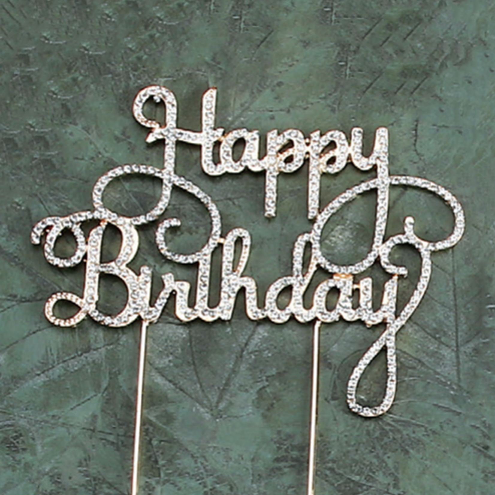 ‘’HAPPY BIRTHDAY’’ SILVER RHINESTONE WITH GOLD STAND CAKE TOPPER