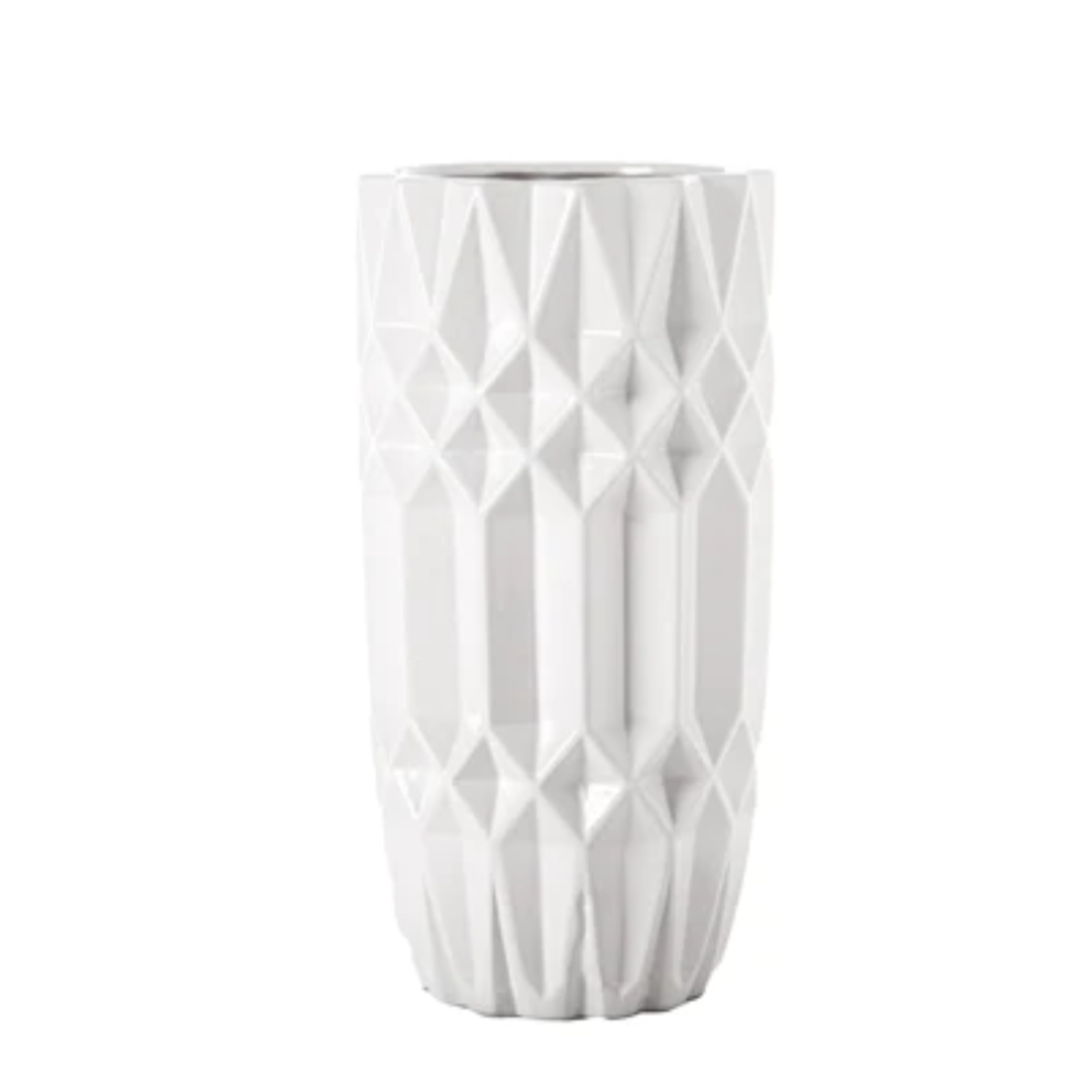 9”H X 4.5” GLOSSY WHITE Ceramic Round Vase with Embossed Crystal Pattern  Design White - QUALITY WHOLESALE