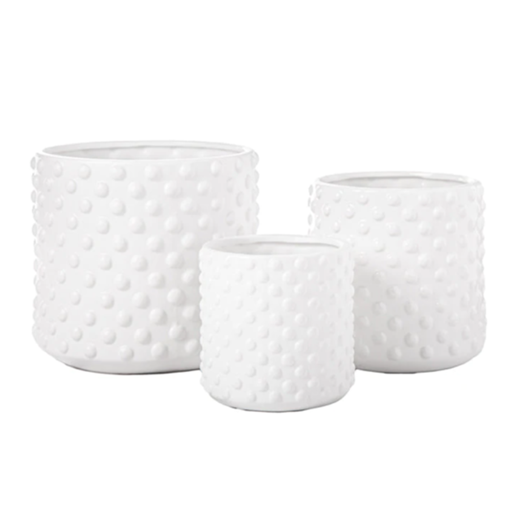 7.5” X 8” LARGE Matte White Round Ceramic Pot with Embossed Dotted Pattern Design Body