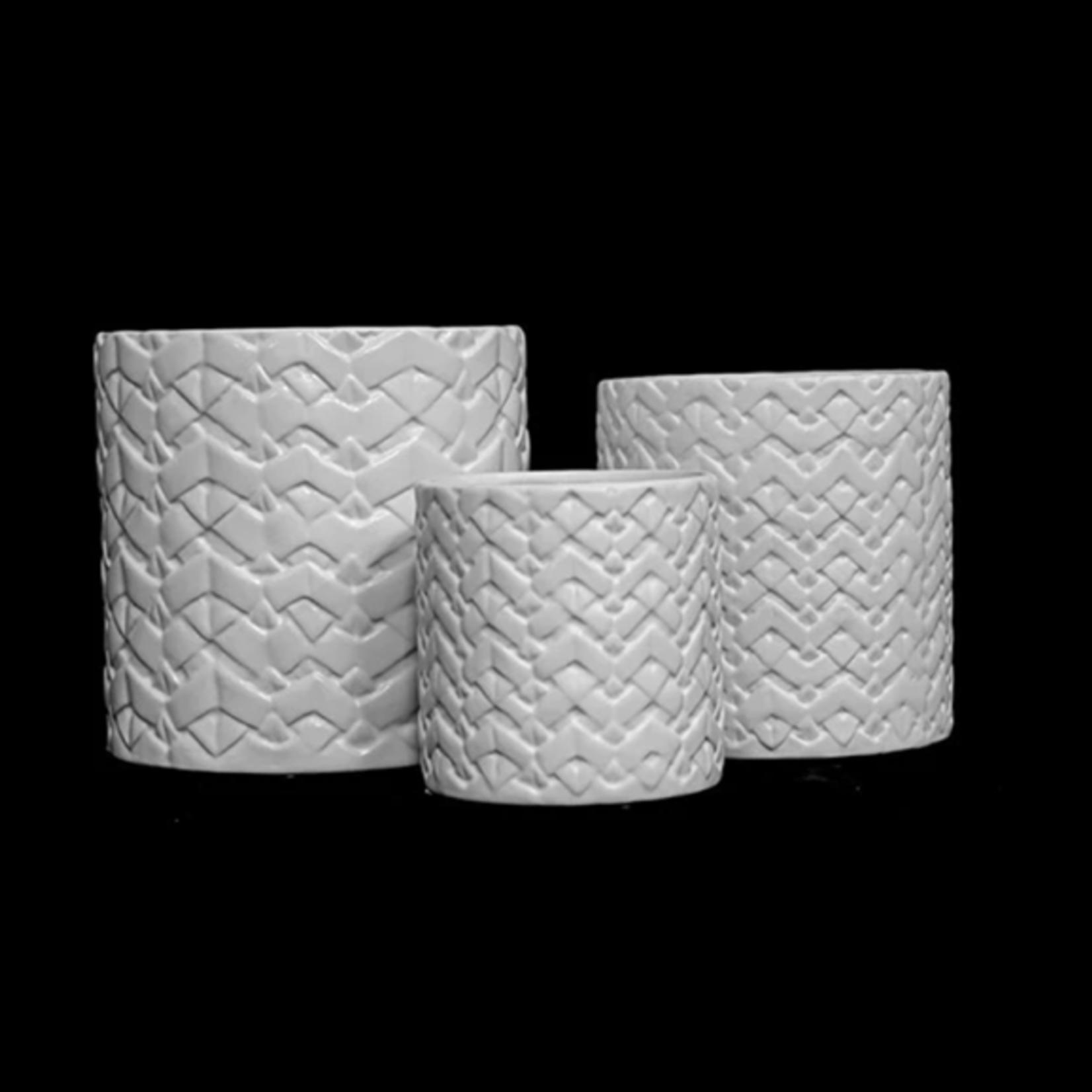 7.5” X 8” LARGE Matte Ceramic Round Pot with Overlay Chevron Weave Pattern Design Body