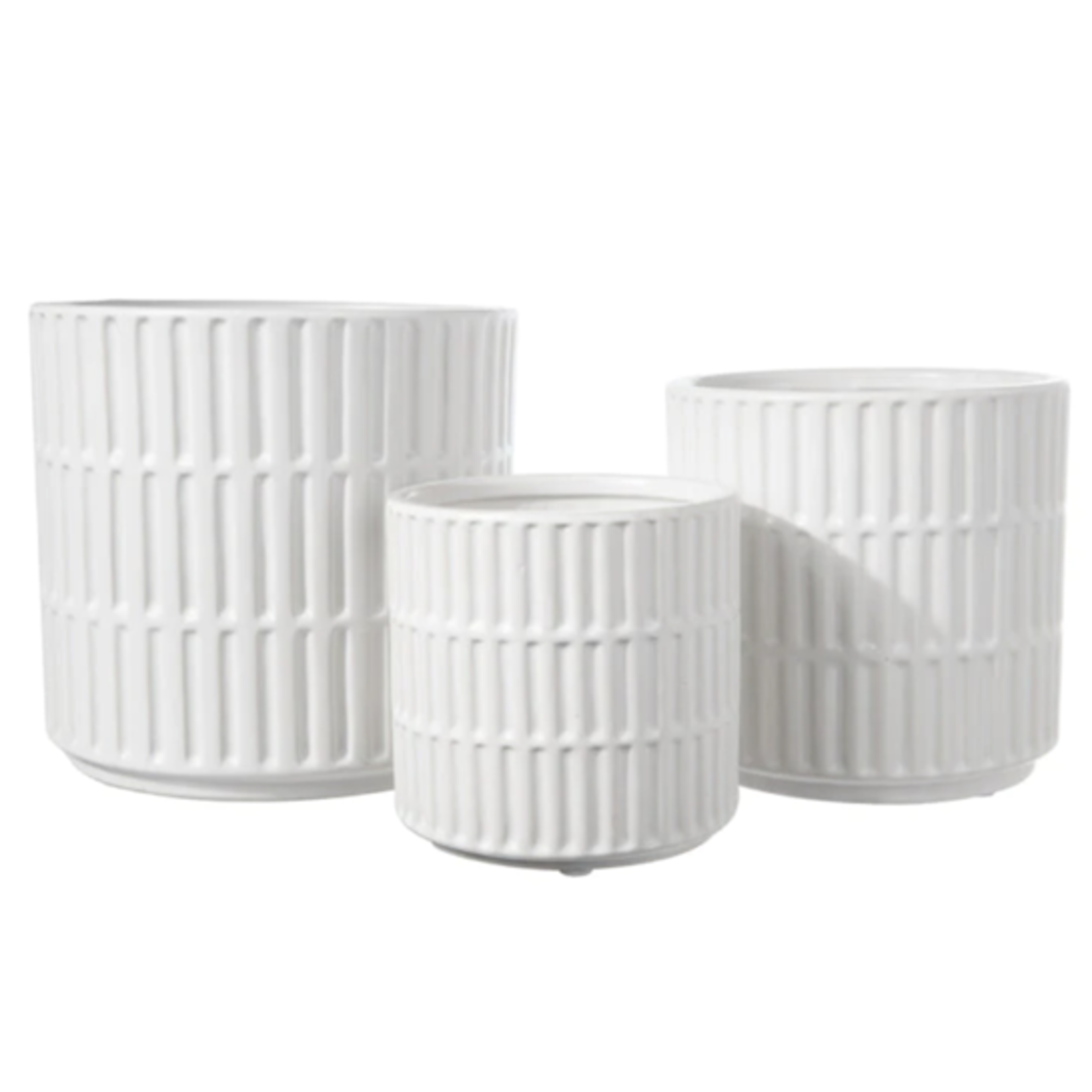 6.75”H X 7” LARGE WHITE Matte Ceramic Round Pot with Wide Mouth and Debossed Barrette Design Body
