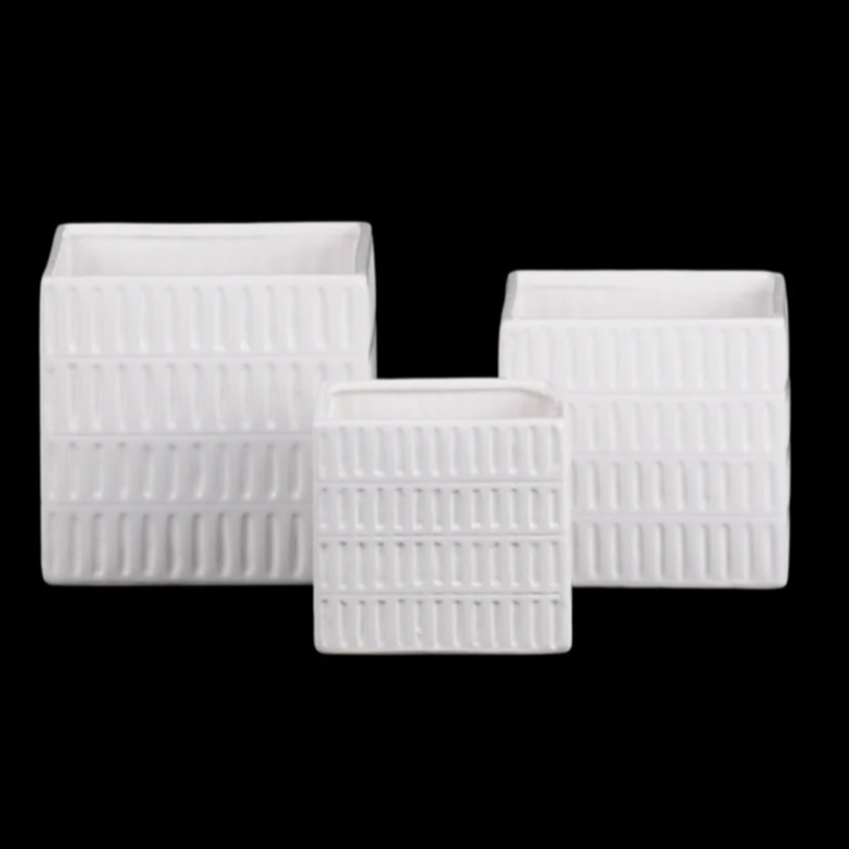 5.75”H X 6” X 6” LARGE WHITE Ceramic Square Pot with 4 Tier Embossed Oblong Lattice Design Body and Tapered Bottom