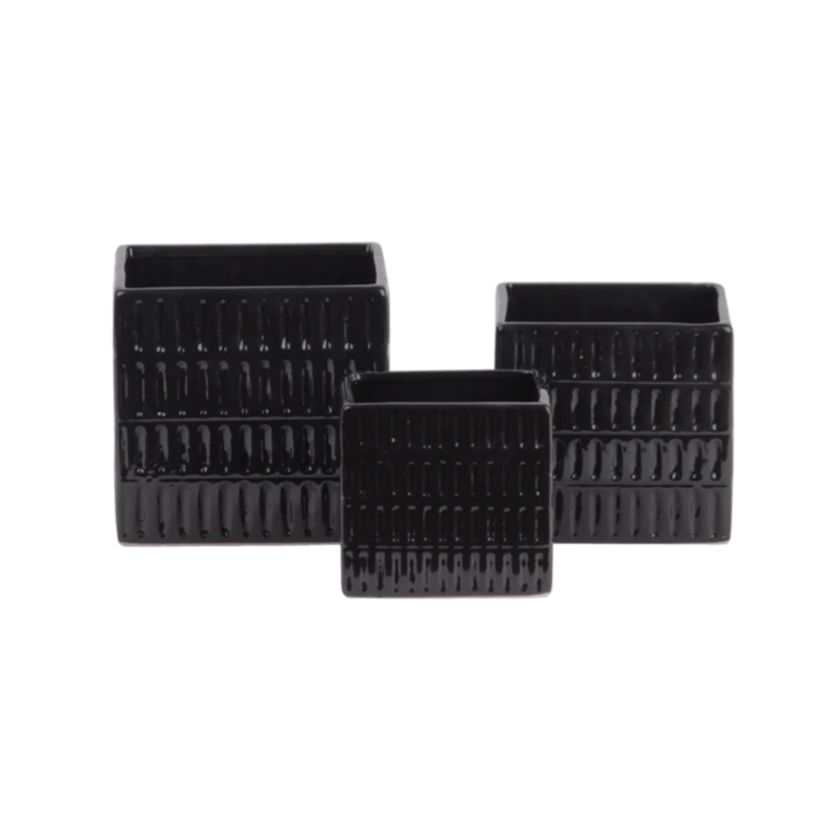 5.75”H X 6” X 6” LARGE BLACK Ceramic Square Pot with 4 Tier Embossed Oblong Lattice Design Body and Tapered Bottom