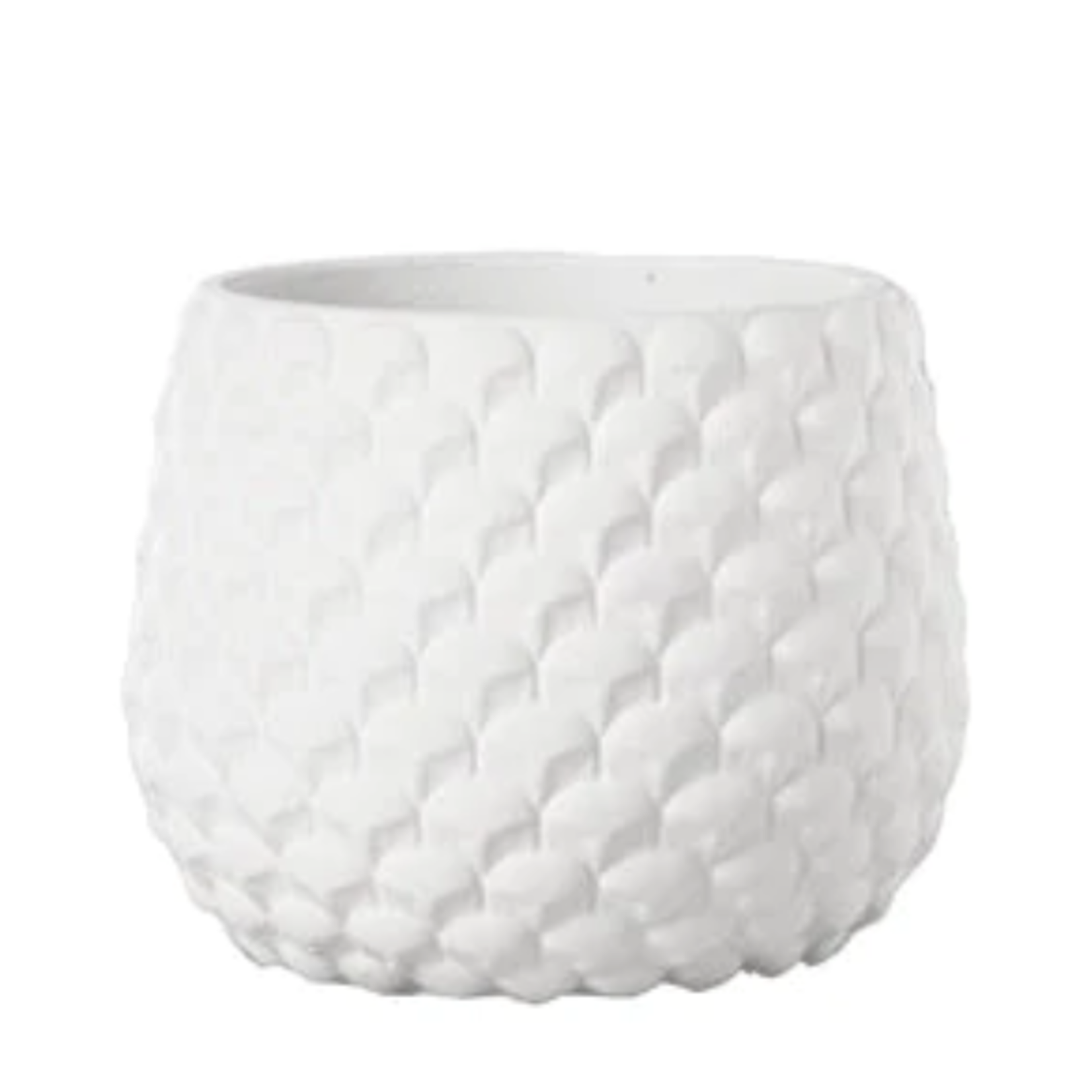5.25”H X 6.25” WHITE SMALL Cement Round Pot with Embossed Geometric Pattern Design Body