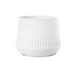 6.5”H X 7.5” WHITE CERAMIC Round Pot with Debossed Banded Tribal and Tapered Bottom Design
