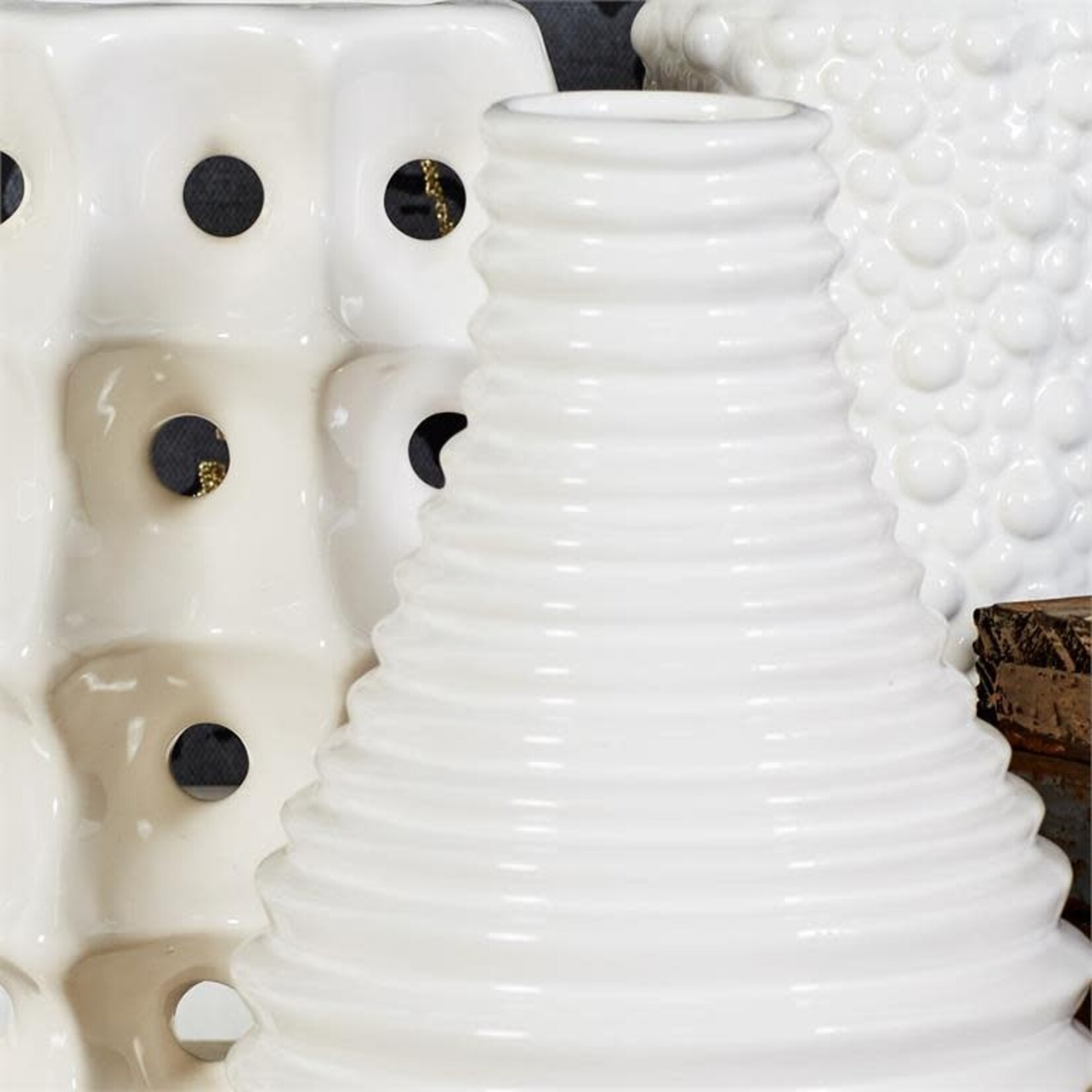 50% OFF WAS $23 NOW $11.50, 8”H X 5” WHITE CERAMIC VASE ASSORTED STYLES IN A BOX