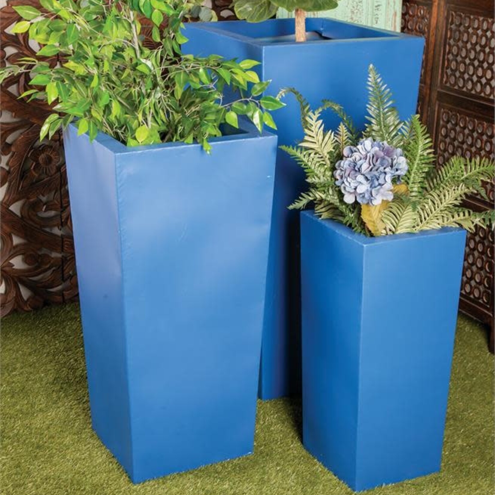 60% off was $230 now $92.00, 42”H X 21” BLUE TAPER METAL PLANTERS
