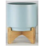 50% off was $22 now $11, 9" Pot: 6”H X 6.25” Stand: H- 3.5"  D- 7.25" x 7.25" LIGHT BLUE CLASSIC WOOD STAND CERAMIC POTS