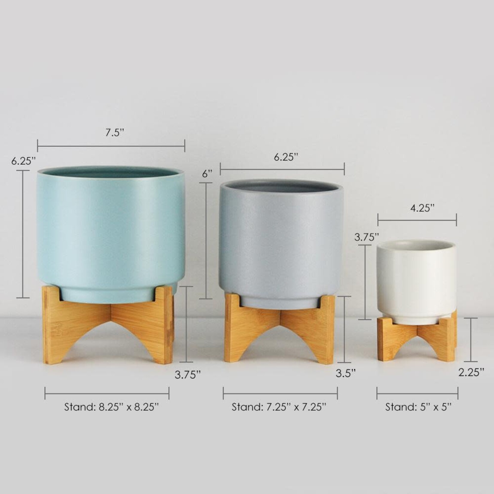 50% off was $22 now $11, 9" Pot: 6”H X 6.25” Stand: H- 3.5"  D- 7.25" x 7.25" LIGHT BLUE CLASSIC WOOD STAND CERAMIC POTS