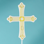 4” X 5” GOLD CROSS PICK, GOLD ON WHITE WITH WHITE STICK